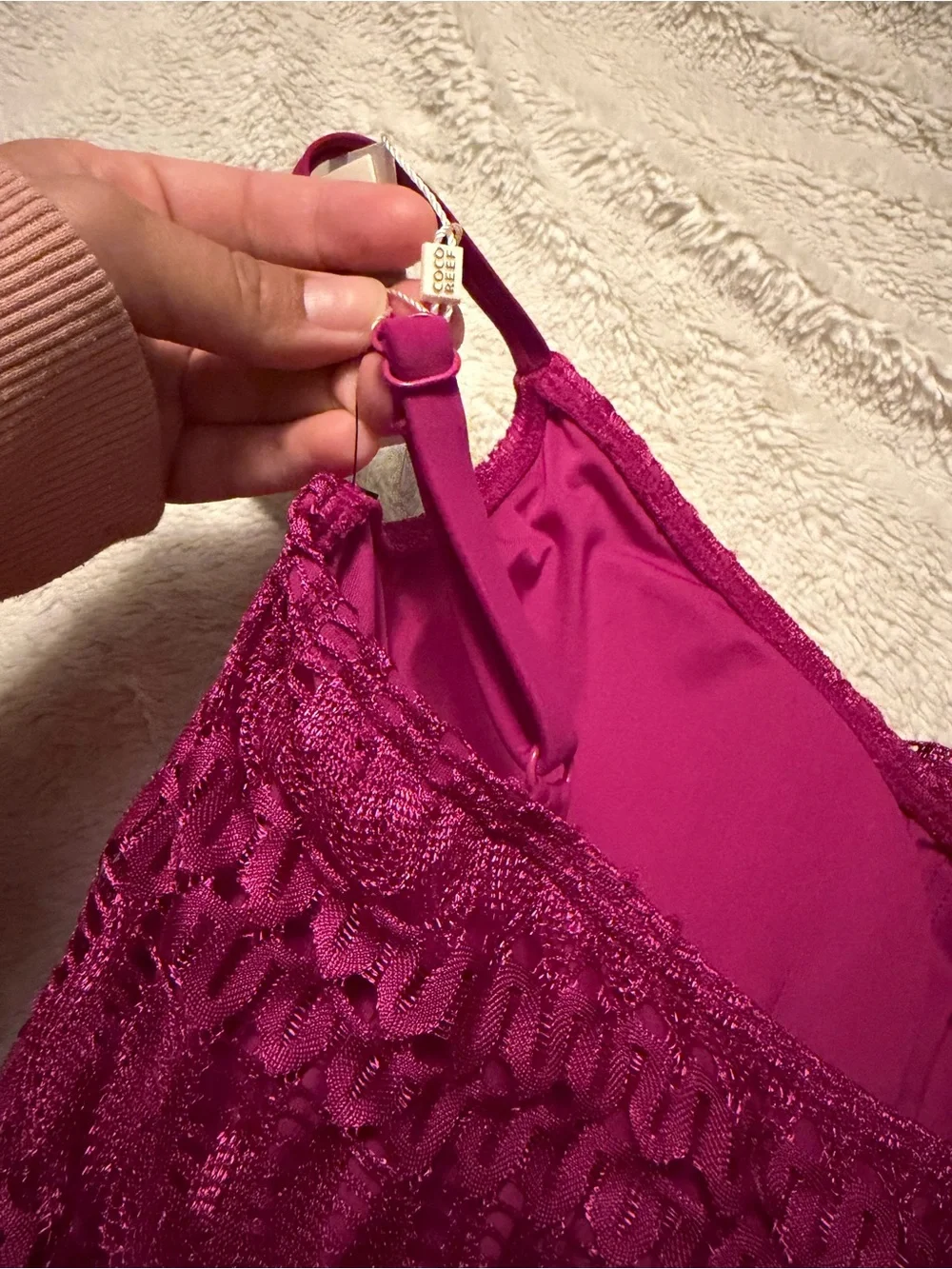 Magenta Crochet Overlay One-Piece Swimsuit - Picture 6 of 13